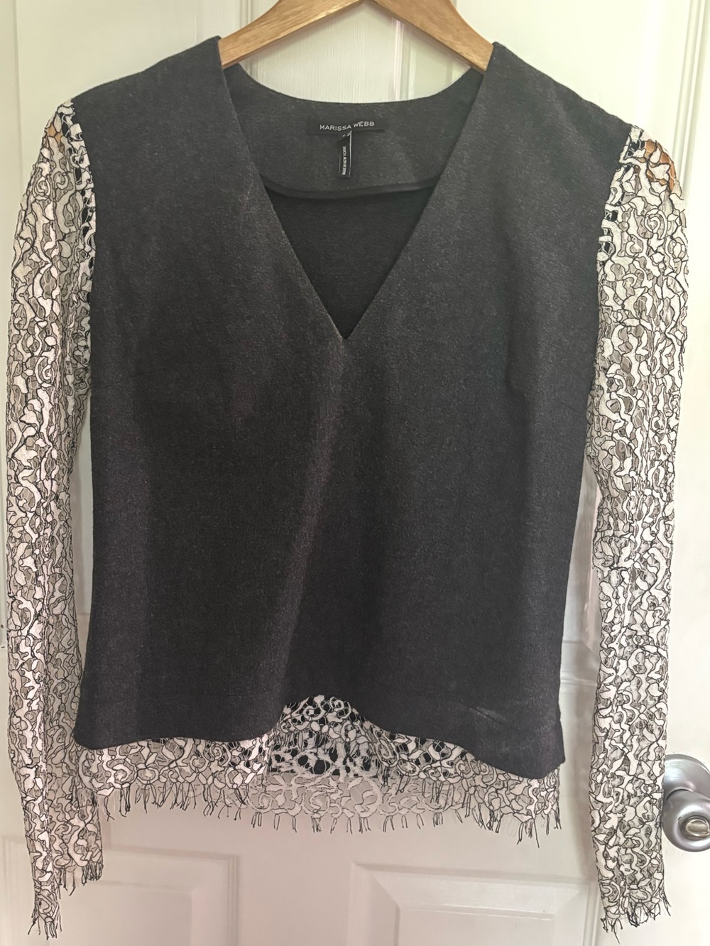 dk gray v-Neck Top with White Lace Sleeves - luxury made in New York
